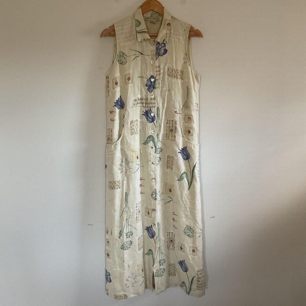 Sweet Jessie Floral Linen Button Front Maxi Dress M Botanical Cottage Artsy Boho